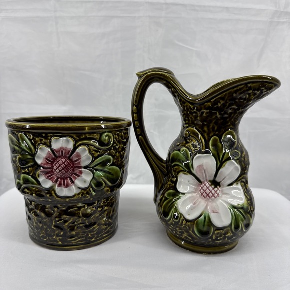 Vintage avocado green textured‎ mini pitcher And Planter flowers majolica Japan - Picture 2 of 10